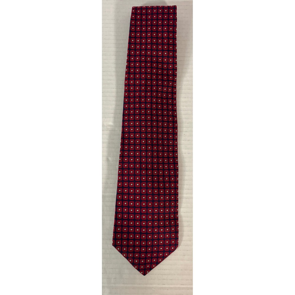 Brooks Brothers Tie Mens OS Red Navy Blue Geometric Square Silk Makers USA